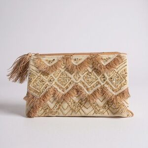 Anthropologie Gold and Tan Embellished Clutch